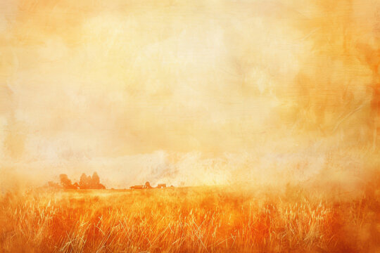 Soft Watercolor Landscape of Golden Hayfield
