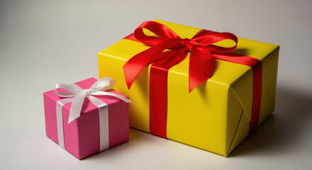 Fototapeta premium Gift Boxes Presents Wrapped with Ribbons Decoration Celebration Occasion Joyful Festive Yellow Pink