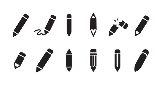 A set of simple black silhouette icons depicting various pencils in different states, representing writing, drawing, and creativity.
