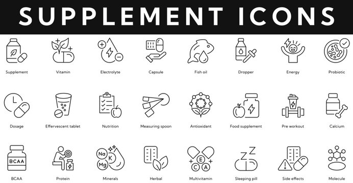 Supplement icon collection contains vitamin, capsule, dropper, energy, nutrition, dosage, protein, minerals, side effect, calcium, herbal, molecule. Editable stroke vector illustration icon set