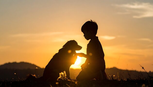 Silhouetted child gently touches a dog's paw against a warm, bright sunset backdrop in a field