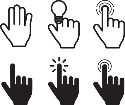 Hand pointing and tapping icons on digital touchscreen interfaces for technology interaction