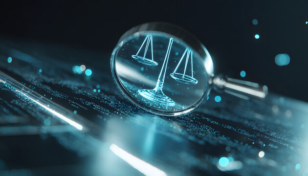A magnifying glass examines the digital scales of justice on a computer screen, which involve compliance and fair judgment in cyber law.