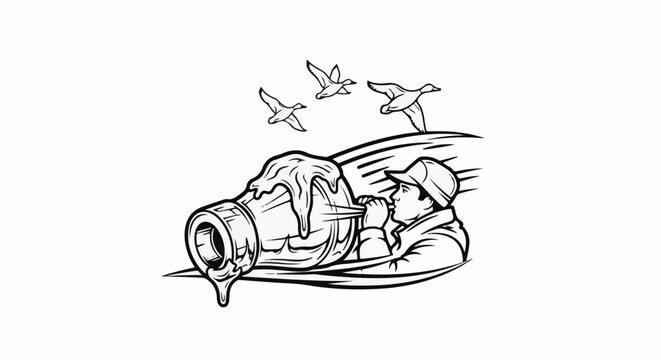 Duck hunter calls to birds with a horn, while a large horn emits liquid