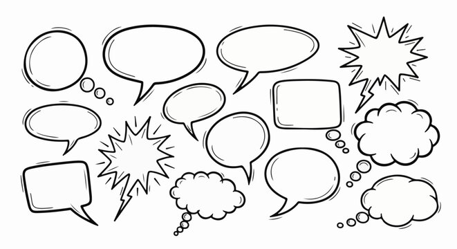 Collection of hand-drawn speech bubbles and thought clouds in black ink
