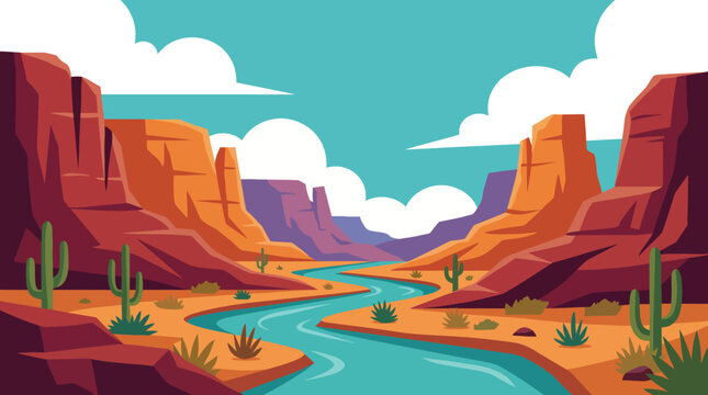 This vibrant illustration captures the essence of a serene desert canyon with a flowing river, cacti, and majestic rock formations under a bright sky.
