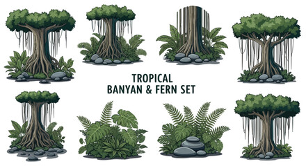 A digital graphic set featuring six illustrations of banyan trees and lush tropical fern arrangements with stones © Faisal