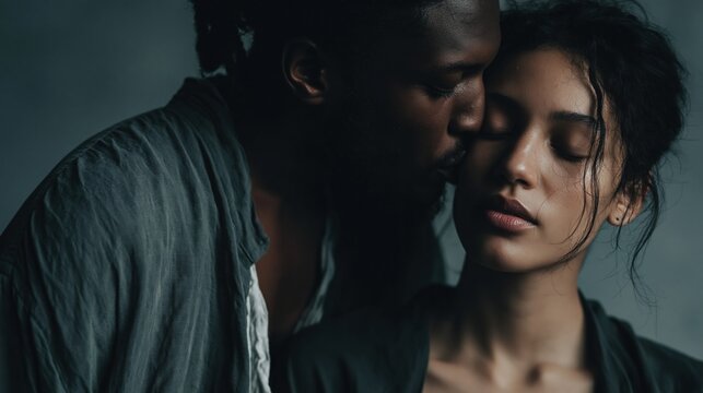 The man is seen whispering or kissing the woman s head.