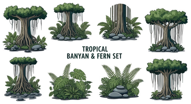 A digital graphic set featuring six illustrations of banyan trees and lush tropical fern arrangements with stones