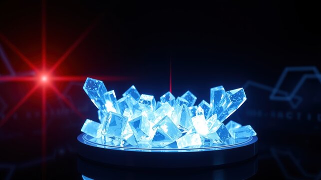 Bright blue crystals rest upon dark pedestal. Red light beams emanate from background, creating futuristic scene.