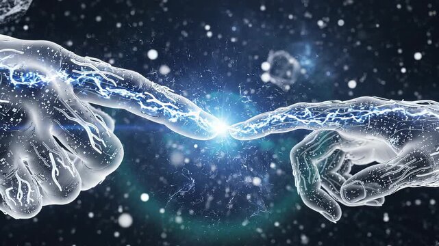 Cosmic creation hands connect energy spark universe stars.