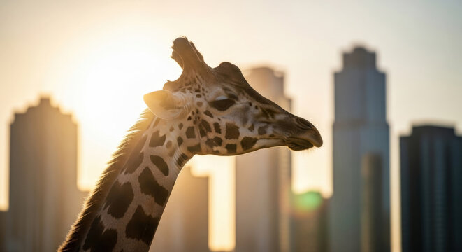 Giraffe Close-up in Urban Setting Head and Neck of Giraffe in Front of Cityscape Wildlife Animals Mammals Travel Safari Vacation