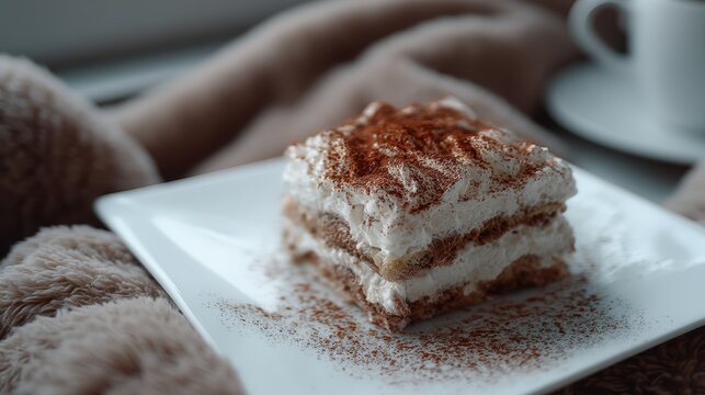 A multi-layered dessert sits on a rectangular plate with wafers and chocolate pieces surrounding it on a textured background