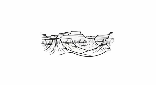 Minimalist line drawing of layered canyons and mesas under a sky