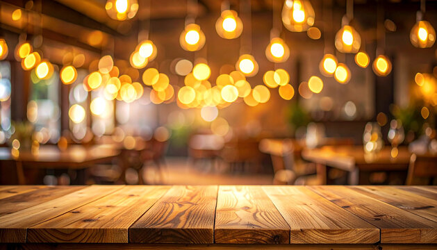 Empty rustic wooden table top in front of a blurred restaurant or bar interior with warm string lights bokeh background horizontal mockup