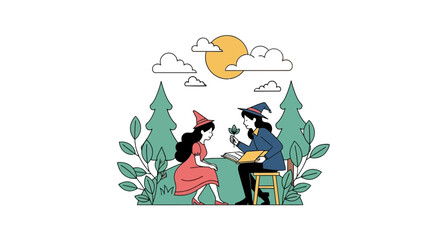 Naklejka premium Witch teacher and young student learning magic in sunny forest vector