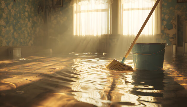 Prepare to clean the flooded room with a mop and bucket. The sunlight from the windows illuminates the water pooling on the floor, which requires immediate attention for repair and restoration.