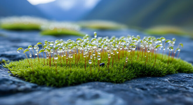 Serene macro photograph of fresh green moss seedlings covered in crystal clear dew drops on a stone surface with a soft mountain landscape bokeh in the distance