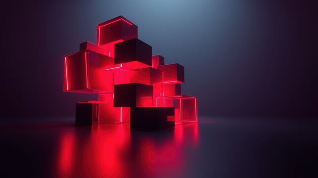 Abstract geometric shapes illuminated with vibrant red neon lights. Dark background emphasizes glowing cube structure. Minimalist design.