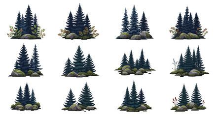A grid of twelve illustrated fir tree groupings with mossy boulders berry bushes and grasses on white backgrounds © Faisal