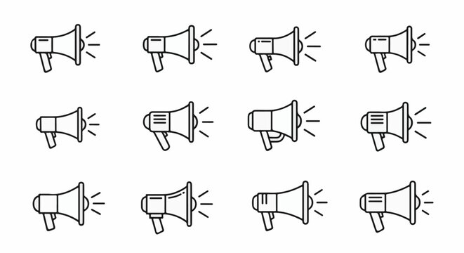 A grid of twelve simplified line art illustrations of megaphones