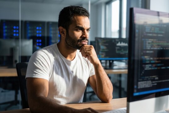 Young man concentrating on programming code in modern data center environment
