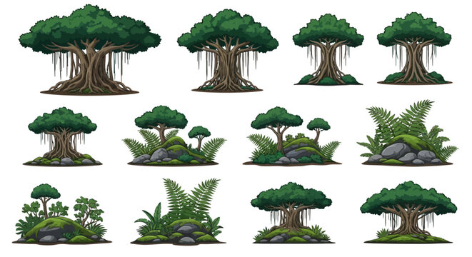 A set of twelve isolated illustrations featuring stylized banyan trees mossy rock clusters and lush ferns against a white background