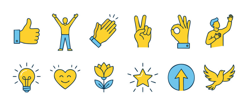 Positive Symbols Set, Hand Gestures and Achievement Icons representing success, joy, and growth. Colorful vector illustration set for business communication, social media, and UI design elements colle