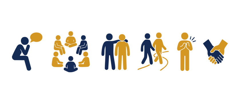 Mental Health Support Icon Set - Therapy and Counseling Concepts for Corporate Wellness and Human Connection Programs, Showing Empathy, Community, Guidance, Mindfulness and Cooperation in Professional