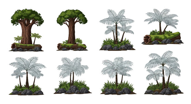Digital illustrations of eight distinct groupings featuring trees pale palmlike fronds mossy logs rocks and foliage