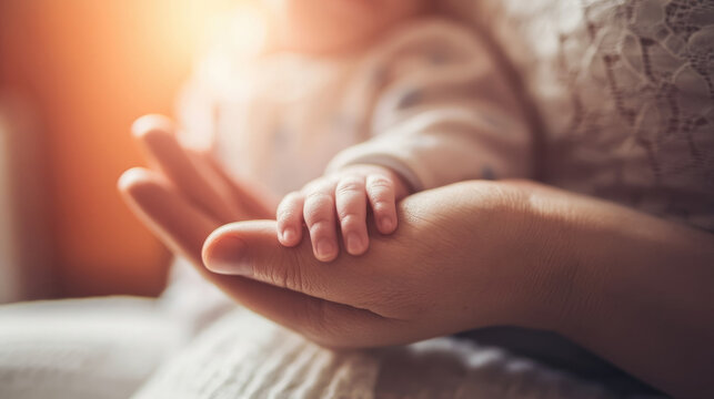Mother's hand holding a little baby's hand, palms, fingers, Mother's Day, motherhood, child care, mom and kid