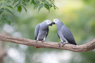 Fototapeta premium two african grey parrots standing on tree branch