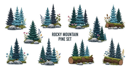Obraz premium Set of ten digital illustrations featuring pine tree clusters mossy logs rocks and wildflowers on a white background