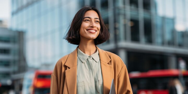 Young woman smiling while holding folder on city street