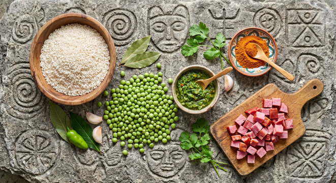 Hyper-realistic top view of Arroz con Gandules ingredients on Taino carved stone