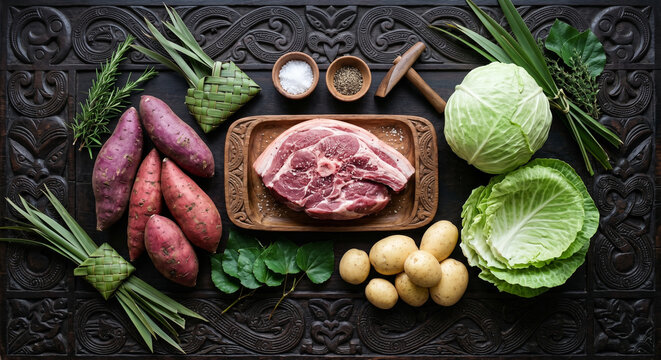 Hyper-realistic top down view of Hangi ingredients on Maori carved wood