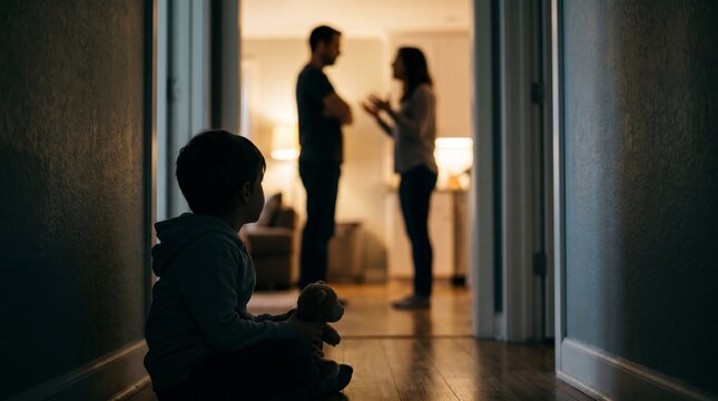 Sad boy sits with a teddy bear while parents argue in silhouette at home. Conception family conflict, divorce, childhood trauma, counseling, social care, psychology, awareness campaigns. Generative AI
