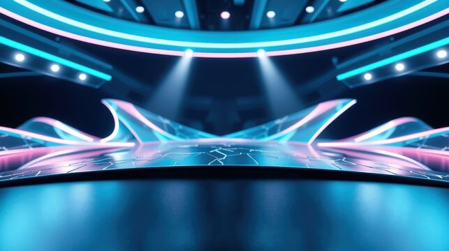 Futuristic stage design. Bright lights illuminate curved surfaces, creating dramatic visual effect. Dark background emphasizes glowing elements.
