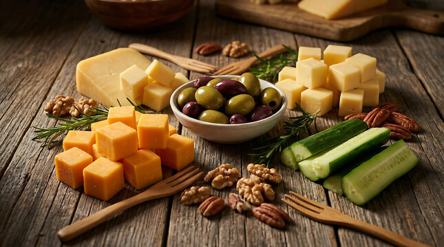 Assorted cheese cubes, olives, cucumber slices, and mixed nuts served on a rustic wooden table.