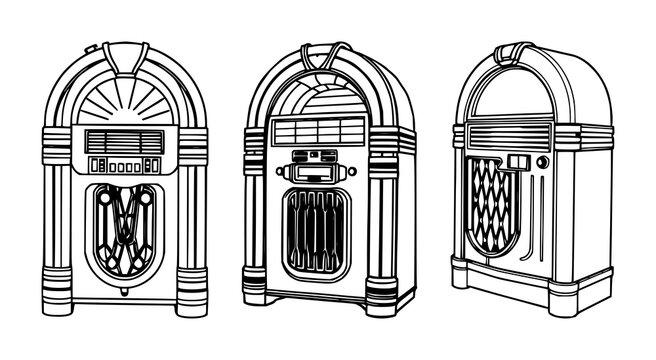 Retro jukebox set with black line art on white background featuring iconography, nostalgia, music with illustration and vector