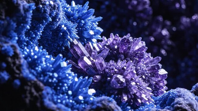 Close-up of shimmering purple and blue crystal formations, amethyst and azurite minerals Macro