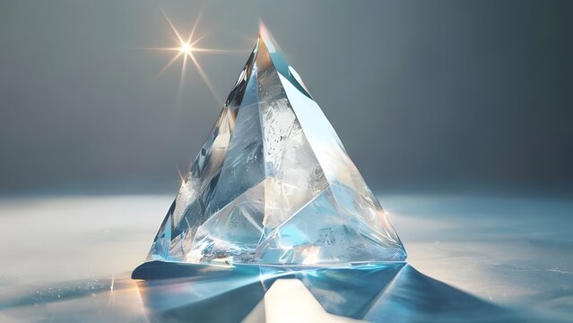 Illuminated crystal pyramid in serene reflection