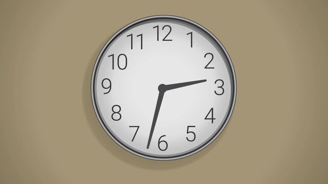 Animated illustration of an Analog wall clock spinning animation through the hours on a brown background
