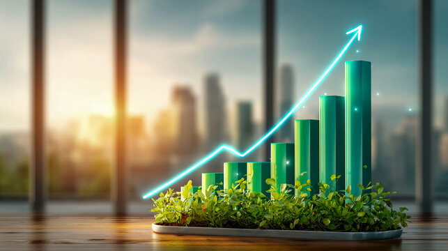 A green histogram of wooden bars growing out of leaves, with a glowing arrow pointing upwards against the backdrop of a blurred city.