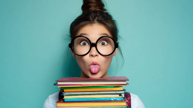 A funny schoolgirl with huge round glasses sticks out her tongue while holding a stack of colorful books in front of her.