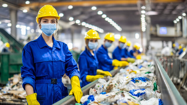 A female worker wearing a protective mask, hard hat, and gloves sorts plastic and packaging on a conveyor belt at a recycling plant.