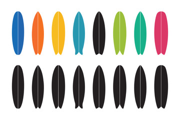 Fototapeta premium Set of surfboard shapes in various styles and colors for summer vacation graphics, ocean sports concepts, travel ads and tropical themed designs. 