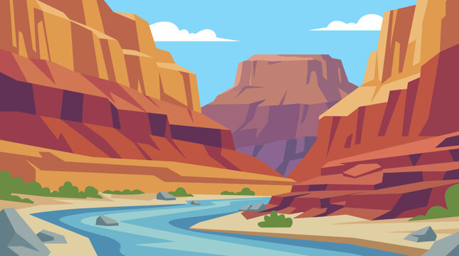 This vibrant landscape features the iconic Grand Canyon, showcasing brilliant colors, towering rock formations, and a winding river under a bright blue sky. Perfect for nature lovers.