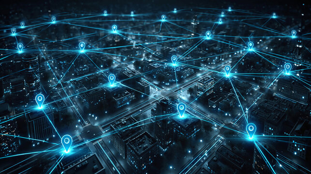 A night view of the city from above, with connected glowing lines and geolocation icons, symbolizing the network, GPS navigation, transportation tracking, and the concept of a smart city.