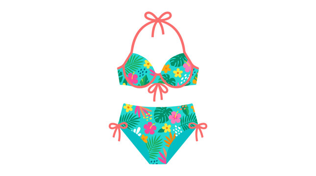 A vibrant two-piece teal bikini features a delightful tropical floral and leaf pattern.